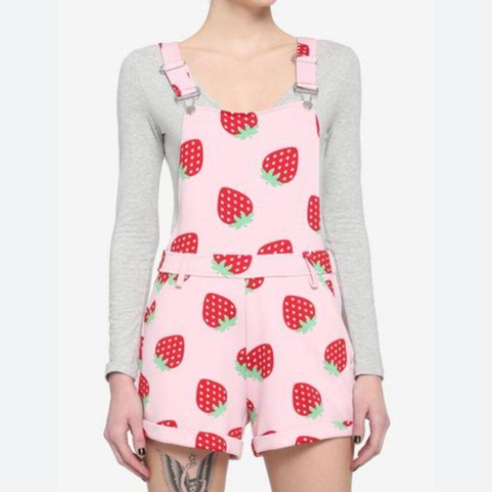 Hot Topic Pink Red Green Novelty Strawberry Print Overalls Shortalls Size M
